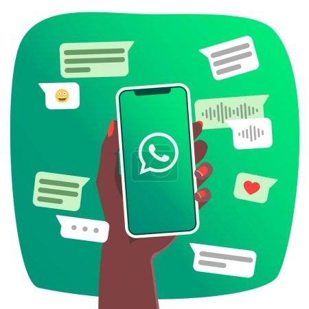 Illustration for Hand of woman holding smartphone with Whatsapp logo in the screen. Chat communication elements. Vector illustration. Flat colors. Rosario, Argentina - March 24, 2023. - Royalty Free Image