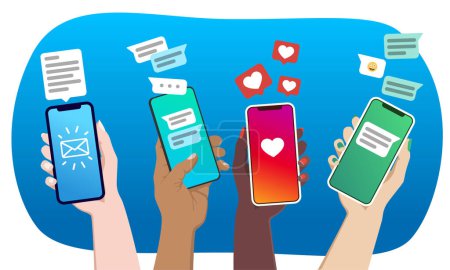 Illustration for Many hands holding smartphones with social media concept. - Royalty Free Image