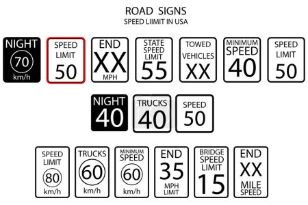 Illustration for Signs speed limit usa in american style. Sign forbidden. Vector illustration. Stock picture. EPS 10. - Royalty Free Image