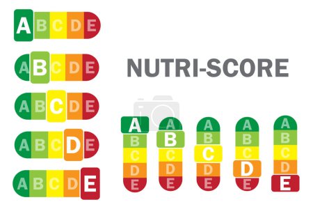 Illustration for Colorful packaging with nutri score. Set of different highlighted letters.Vector illustration. EPS 10. - Royalty Free Image