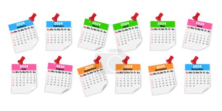 Ilustración de Hojas de calendario 2024 en pines. Diferentes meses del calendario. Hojas de calendario multicolores. Ilustración vectorial. EPS 10. - Imagen libre de derechos
