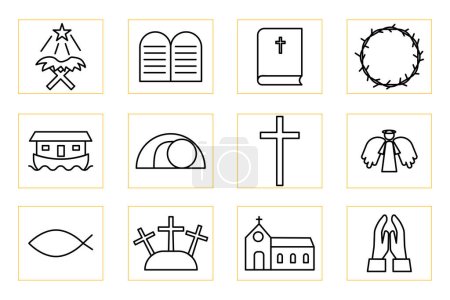 Cristianismo iconos relacionados conjunto de iconos delgados, kit en blanco y negro. Ilustración vectorial. imagen de stock. EPS 10.