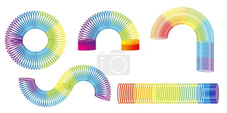 Arco iris espiral primavera juguete. Juguete infantil de plástico de colores. Primavera mágica para niños. Ilustración vectorial. Eps 10. Imagen de stock.