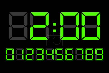 Números led digitales verde claro. Número de reloj digital establecido. Cifras electrónicas. Ilustración vectorial. EPS 10. Imagen de stock.