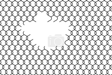 Illustration for Broken wire mesh fence. Torn wire pirson mesh texture. Rabitz or chain link fence with cut hole. Vector illustration. EPS 10. Stock image. - Royalty Free Image