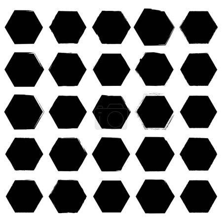 Hexagon grid pattern. Varied brush strokes. Black geometric shapes. Vector illustration. EPS 10. Stock image.