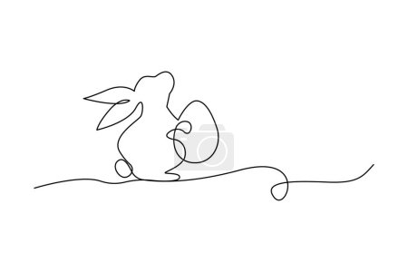 Rabbit holds Easter egg. One line minimalist design. Joyful spring symbol. Vector illustration. EPS 10. Stock image.