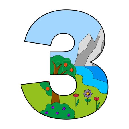 Number three depicting the third day of creation with the gathering of waters and the creation of plants as described in Genesis. Vector illustration. EPS 10. Stock image.