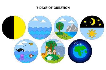 Siete días bíblicos de creación. Desde la luz hasta el día de descanso. Ilustración vectorial. EPS 10. Imagen de stock.