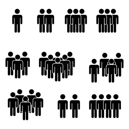 Ensemble d'icônes représentant des individus et des groupes de tailles croissantes. Personnes icônes nombre croissant. Silhouettes de groupe social. Hiérarchie des tailles d'équipe. Illustration vectorielle. SPE 10. Image de stock.