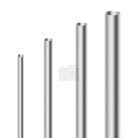 Vertikale Metallstangen mit unterschiedlichen Höhen. Metallische Stangen neigen sich zu Höhen. Industrielle Silberzylinder. Reflektierende Stahlstäbe. Vektorillustration. EPS 10. Archivbild.