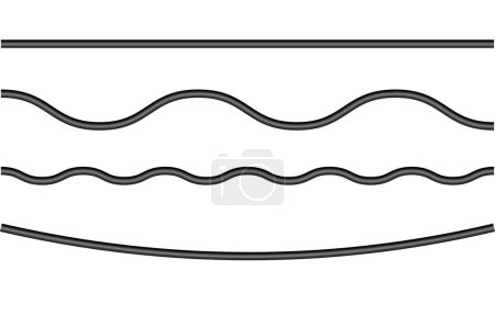 Vier horizontale Linien mit unterschiedlichen Krümmungen, von gerade bis zu einer tiefen Welle. Gebogenes Linienspektrum. Sinuswellenmuster. Vektorillustration. EPS 10. Archivbild.