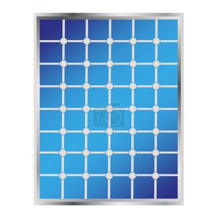 Graphic image of a solar panel with a blue photovoltaic array and silver frame, symbolizing renewable energy. Vector illustration. EPS 10. Stock image.