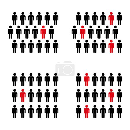 Red individual in crowd. Diversity and uniqueness concept. Stand out figure symbolism. Vector illustration. EPS 10. Stock image.
