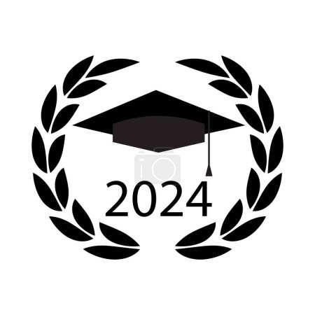 Graduation cap within a laurel wreath for class of 2024. Vector illustration. EPS 10. Stock image.
