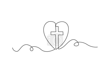 Continuous line drawing of heart with cross. Faith and love concept. Vector illustration. EPS 10. Stock image.