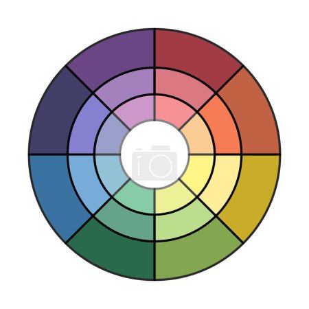 Rueda de color que muestra un espectro de tonos en un diagrama circular. Ilustración vectorial. EPS 10. Imagen de stock.