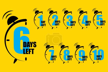 Countdown series with alarm clock showing days left from 1 to 10. Time management and deadline concept. Vector illustration. EPS 10. Stock image.