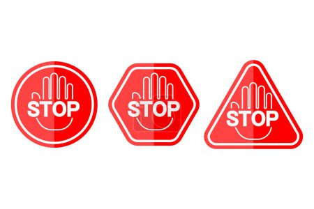 Ilustración de Conjunto de señales de mano de parada. Símbolos rojos de advertencia. Iconos de seguridad y precaución. Concepto de parada de tráfico. Ilustración vectorial. EPS 10. Imagen de stock - Imagen libre de derechos