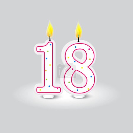 Número dieciocho velas. Celebración del hito adulto. Brillante accesorio de cumpleaños. Ilustración vectorial. EPS 10. Imagen de stock.