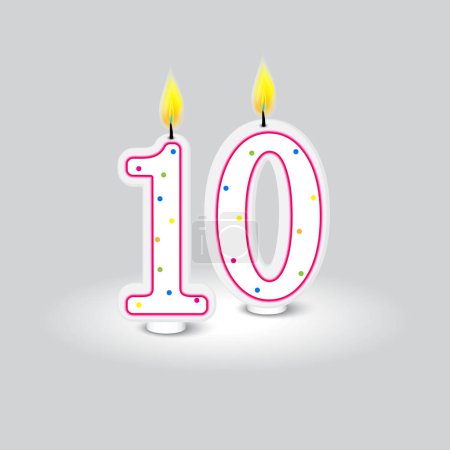 Celebración de la vela del décimo cumpleaños. Número diez diseño alegre. Elemento de decoración de fiesta. Ilustración vectorial. EPS 10. Imagen de stock.