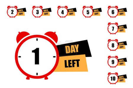 Alarm clock countdown sequence. One day left highlight. Time-sensitive alert. Vector illustration. EPS 10. Stock image.
