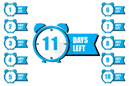 Countdown alarm clocks, 1 to 11 days left banners. Urgency concept, time management. Vector illustration. EPS 10. Stock image.