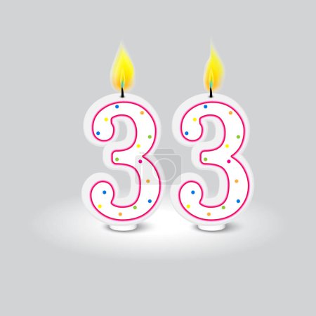 Celebratory 33rd birthday candle design. Brightly colored dots on white, dual flames. Vector illustration. EPS 10. Stock image.