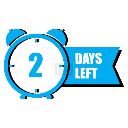 Blue alarm clock with 2 days left sign. Short-term countdown indicator. Urgent deadline reminder. Vector illustration. EPS 10. Stock image.