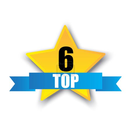 Top 6 Rating Star Vector. Award badge with ribbon. Number six ranking symbol. EPS 10.