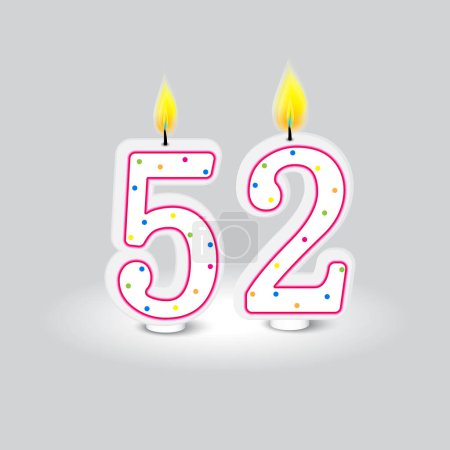Birthday Candles Number 52 Vector. Festive numeral with flames. Anniversary decoration. EPS 10.