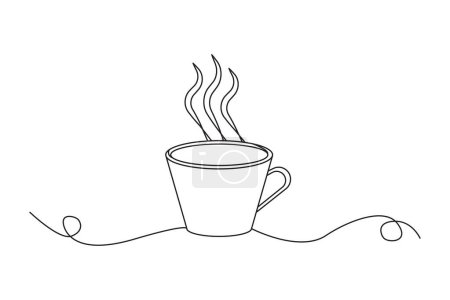 Arte de línea de taza de café al vapor. Dibujo continuo de línea. Bebida caliente vectorial. EPS 10.