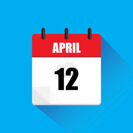 April twelfth calendar. Red white vector. Blue background icon. Long shadow illustration. EPS 10.