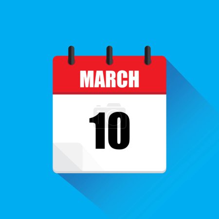 März-Kalendersymbol. Datum 10 hervorgehoben. Rot-weiße Farben. Vektorillustration. EPS 10.