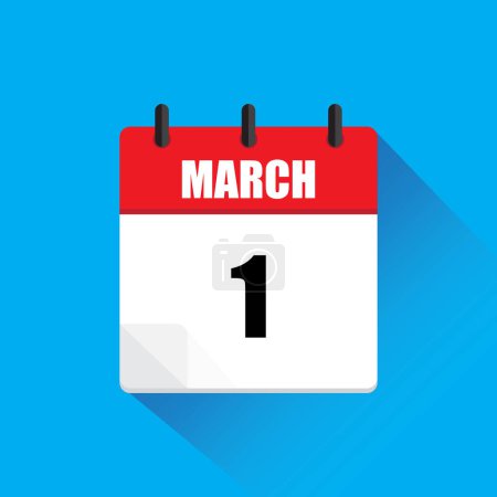 March 1 calendar. Red and white. Blue background. Vector illustration. EPS 10.