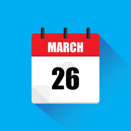 March calendar icon. Date 26 highlighted. Red and white colors. Vector illustration. EPS 10.