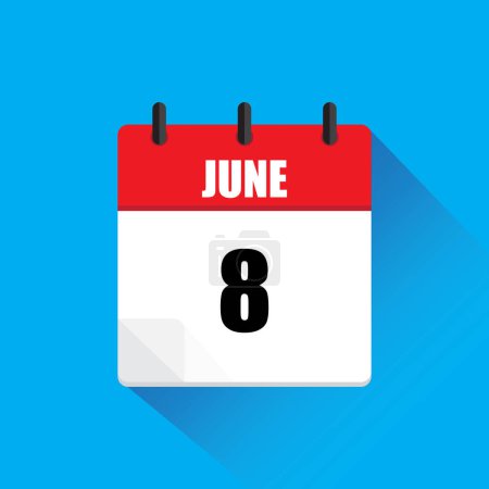 Calendar icon June. Red header June. Date number eight. Blue background. EPS 10.