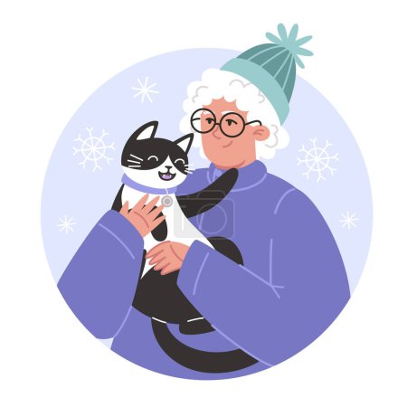Ilustración de Retrato de invierno con mujer mayor y su gato en estilo plano - Imagen libre de derechos