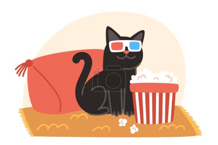 Ilustración de Un gato con gafas 3D ve una película y come palomitas de maíz - Imagen libre de derechos