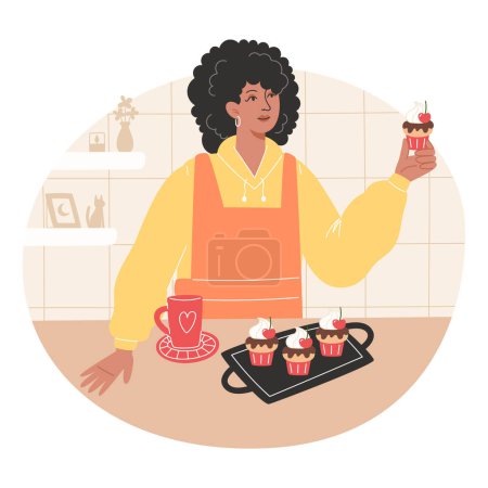 Illustration for African woman has baked cupcakes and is enjoying them with a hot drink - Royalty Free Image