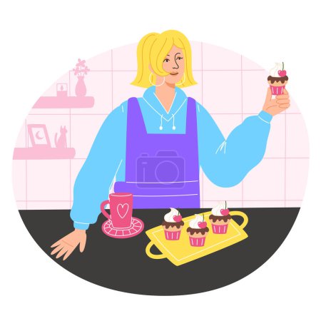 Illustration for Woman has baked cupcakes and is enjoying them with a hot drink - Royalty Free Image