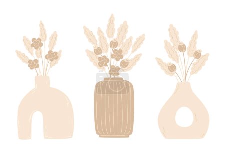 A set of modern vases with flower arrangements in flat style
