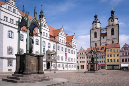 Wittenberg, Germany - May 5, 2023: Famous old town with historic buildings in Lutherstadt Wittenberg, Germany. High quality photo