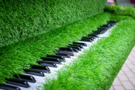 Photo for A piano finished with artificial green grass. Piano from the grass. Green thinking. High quality photo - Royalty Free Image