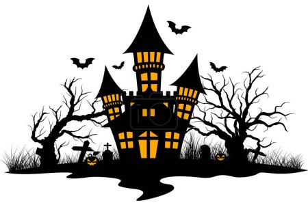 Ilustración de Casa embrujada halloween con murciélago, árbol, tumba, calabaza, elementos para tarjeta de felicitación de halloween, ilustración vectorial - Imagen libre de derechos