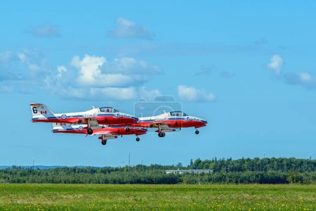 Téléchargez les photos : Moncton (N.-B.), Canada - Le 23 août 2014 : Les jets des Snowbirds bordent le côté d'une piste. Les Snowbirds sont l'équipe de démonstration aérienne du Canada. Ciel couvert. - en image libre de droit