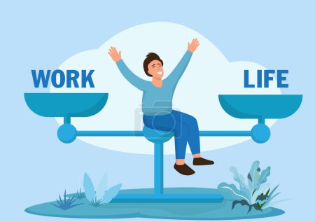Illustration for Life and work balance on scales. Man keep harmony choose between career and money versus health and time, leisure or business. Comparison stress and healthy life, family, love versus job. Vector - Royalty Free Image