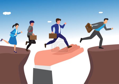 Illustration for Support of help to solve problem, manager mentorship or coaching to help team success, leadership to guide employee to achieve goal concept, giant hand help business people cross the problem gap. - Royalty Free Image