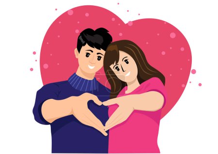 A man and a woman couple who love each other. They draw hearts with each other's hands. Lovers character vector illustration.