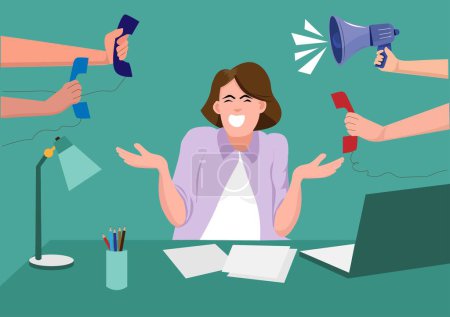 Illustration for Woman working in an office at a desk with a human hand holding a customer phone line and a work order megaphone. Makes her very stressed out. vector illustration - Royalty Free Image